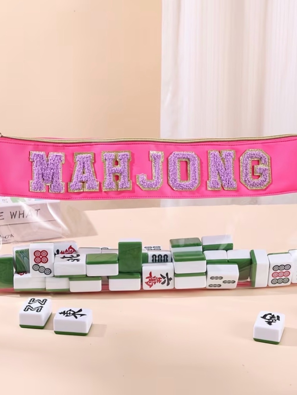 Mahjong Set Carry Case in Pink with Green Tiles